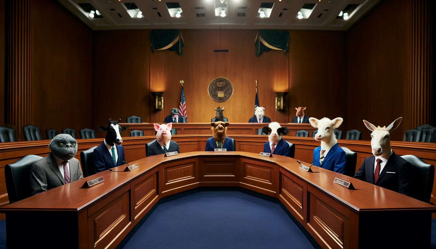 A senate hearing room with farm animals dressed as senators. The room has a large wooden U-shaped table with nameplates and microphones, and a blue carpet. The farm animals, including a cow, pig, sheep, and chicken, are wearing suits and ties, sitting on the chairs behind the table. The walls are wooden with large windows and an emblem of an eagle at the front. The atmosphere is formal and the animals are in serious discussion.