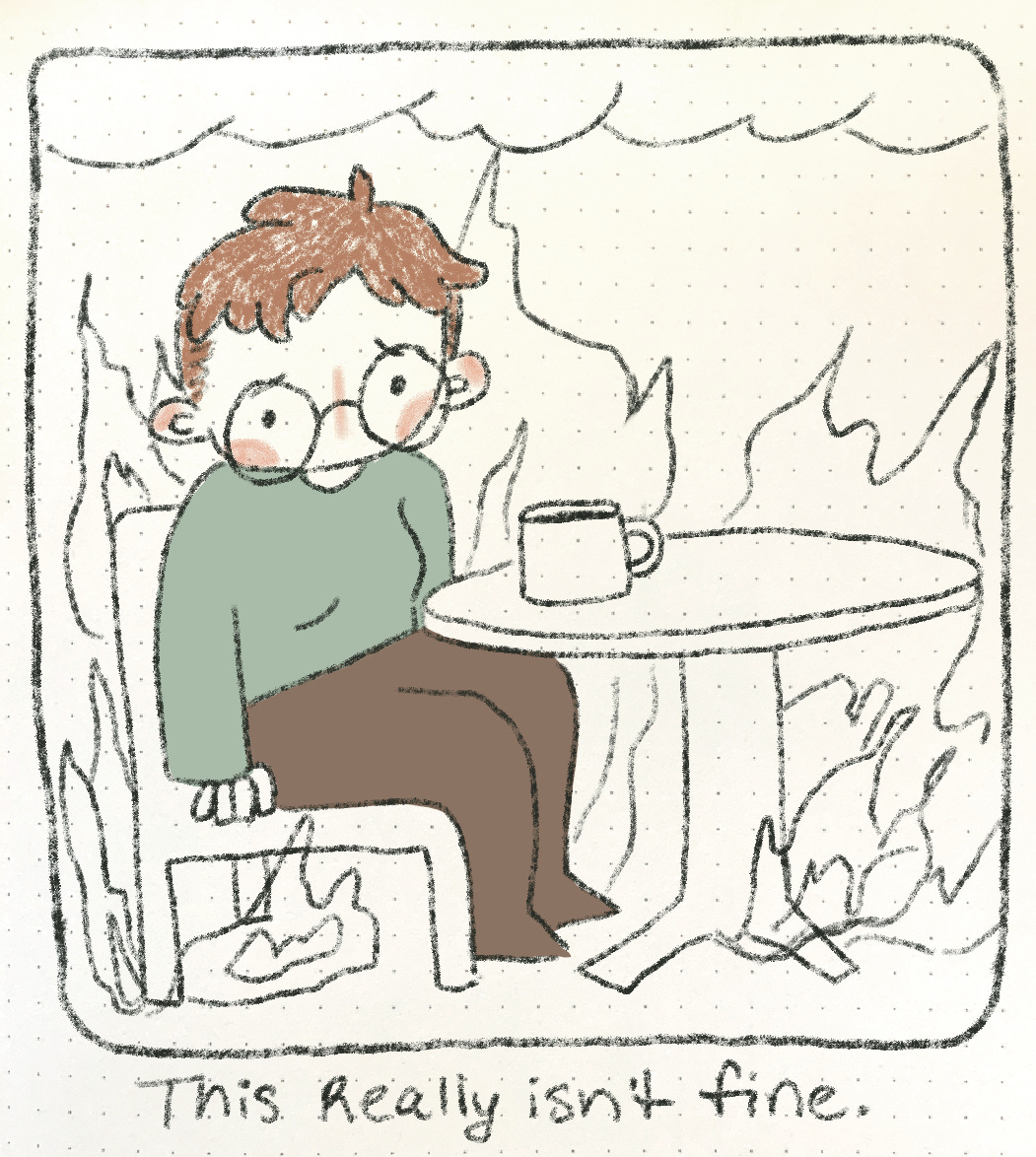 A drawing of Nicki sitting on a chair in a burning room like that "this is fine" meme with the dog. Nicki looks at the viewer sadly. Below the comic it reads "This is actually not fine though..."