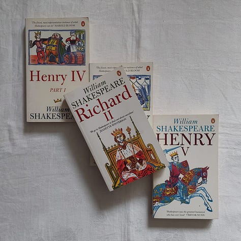 Cover images of six books - Comedy of Errors, Clear, Goshawk Summer, Wolf Hall, Spring and Richard II