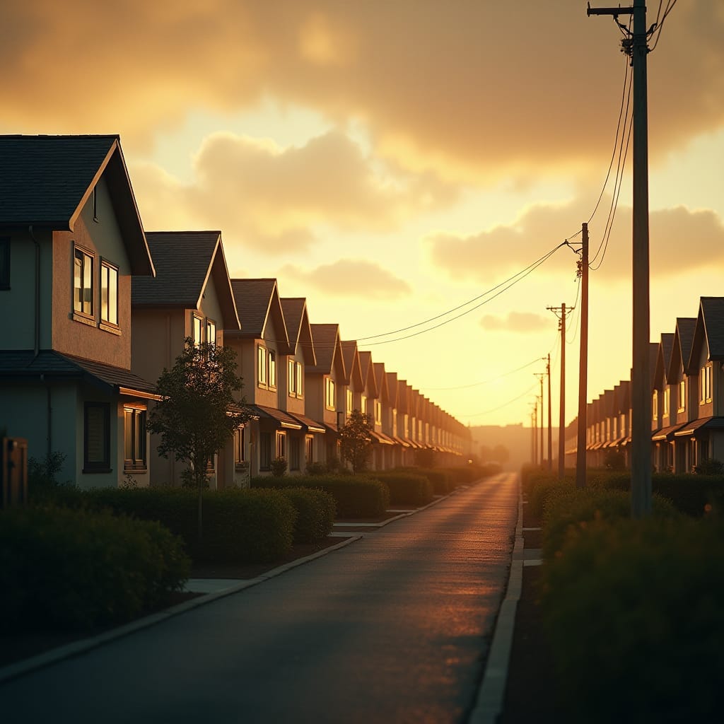 Rows of prefabricated homes in a modern housing development, each with a unique architectural style, set against a dramatic, cinematic sky with warm, golden light casting long shadows. 