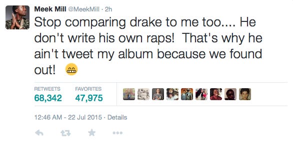 ICYMI: Meek Mill claims Drake doesn't write his own lyrics. Rick Ross sides with Drake, then deletes tweet. ICYMI: Meek Mill claims Drake doesn't write his own lyrics. Rick Ross sides with Drake, then deletes tweet.