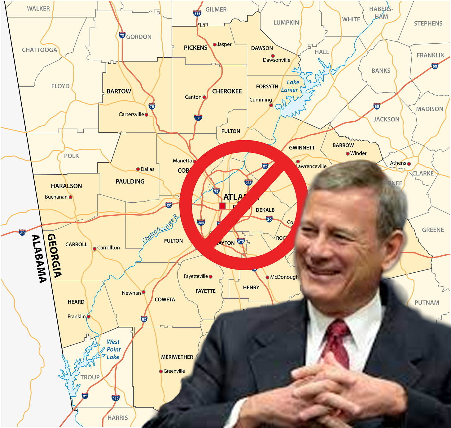 John Roberts smiling under a map showing a 'deleted' Atlanta