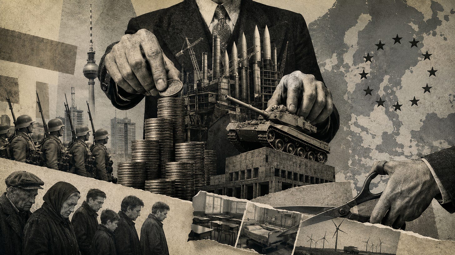 Photomontage horizontal en noir et blanc, dans le style de John Heartfield. Au centre, un personnage en costume, dont la tête est coupée par le cadre, manipule d'immenses piles de pièces de monnaie. Derrière lui s'élèvent des usines, des grues et plusieurs missiles, tandis qu'un char est déplacé comme une pièce de jeu. À gauche, une colonne de soldats avance devant un paysage urbain dominé par la tour de télévision de Berlin. En bas à gauche, des personnes âgées, des adultes et un enfant marchent tête baissée, symbolisant les conséquences sociales des choix budgétaires. En bas au centre, des photographies déchirées montrent une salle de classe vide et une chambre d'hôpital, suggérant les coupes dans l'éducation et la santé. À droite, une immense paire de ciseaux découpe une image d'éoliennes, évoquant la réduction des dépenses climatiques. En arrière-plan figure une carte de l'Europe marquée des étoiles de l'Union européenne. L'ensemble dénonce le déplacement des ressources publiques vers le réarmement au détriment des politiques sociales et environnementales. Photomontage horizontal en noir et blanc, dans le style de John Heartfield. Au centre, un personnage en costume, dont la tête est coupée par le cadre, manipule d'immenses piles de pièces de monnaie. Derrière lui s'élèvent des usines, des grues et plusieurs missiles, tandis qu'un char est déplacé comme une pièce de jeu. À gauche, une colonne de soldats avance devant un paysage urbain dominé par la tour de télévision de Berlin. En bas à gauche, des personnes âgées, des adultes et un enfant marchent tête baissée, symbolisant les conséquences sociales des choix budgétaires. En bas au centre, des photographies déchirées montrent une salle de classe vide et une chambre d'hôpital, suggérant les coupes dans l'éducation et la santé. À droite, une immense paire de ciseaux découpe une image d'éoliennes, évoquant la réduction des dépenses climatiques. En arrière-plan figure une carte de l'Europe marquée des étoiles de l'Union européenne. L'ensemble dénonce le déplacement des ressources publiques vers le réarmement au détriment des politiques sociales et environnementales.
