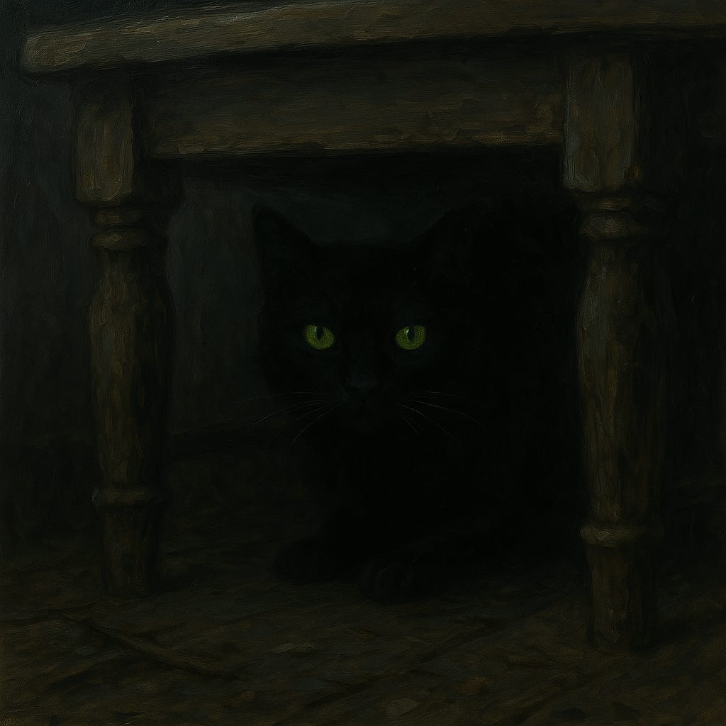 Create an image of the eerie green eyes of Kolyan's family cat as it hides under the dining room table