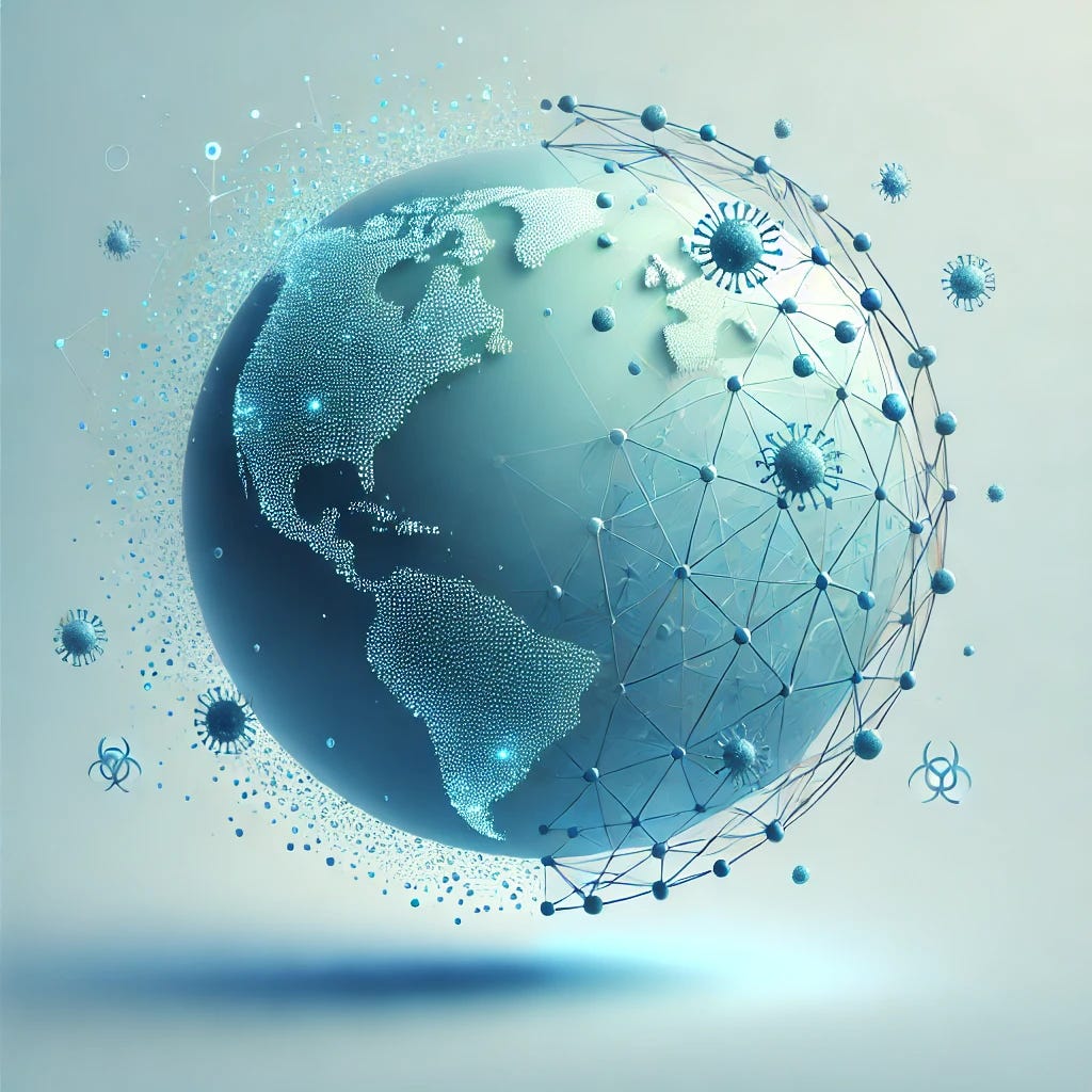 A serene, minimalist illustration of a globe with interconnected blue dots symbolizing viral patterns, rendered in a calming blue gradient palette. Half of the globe transitions into abstract geometric shapes resembling a network or constellation. The image has a clean, modern medical aesthetic with soft lighting. The style is digital art with professional infographic quality and a touch of artistic abstraction. Dominant colors include peaceful blues, soft whites, and gentle teals.