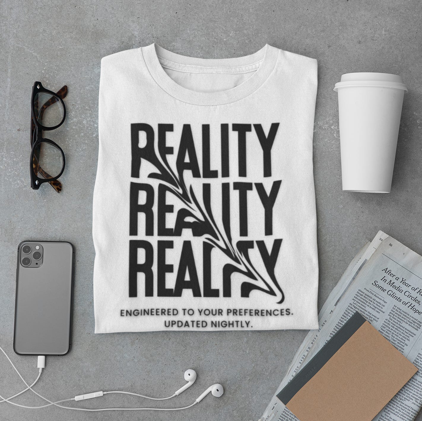 Folded white t-shirt on a concrete surface with the word “REALITY” repeated three times in bold black font. The middle letters are distorted in a fluid, wave-like ripple from upper left to lower right. Below the text is the phrase “Engineered to your preferences. Updated nightly.” Surrounding objects include a coffee cup, glasses, smartphone, earbuds, and a folded newspaper. Folded white t-shirt on a concrete surface with the word “REALITY” repeated three times in bold black font. The middle letters are distorted in a fluid, wave-like ripple from upper left to lower right. Below the text is the phrase “Engineered to your preferences. Updated nightly.” Surrounding objects include a coffee cup, glasses, smartphone, earbuds, and a folded newspaper.