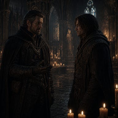 Rudolf Van Richten speaking with Arturi Radanovich inside candlelit Cathedral of St. Andral’s, vaulted arches, flickering votive candles, solemn atmosphere of guilt and understanding between hunter and survivor