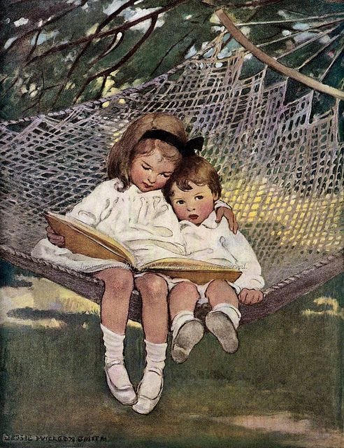 This may contain: two children are sitting in a hammock reading a book, with the caption good house keeping This may contain: two children are sitting in a hammock reading a book, with the caption good house keeping