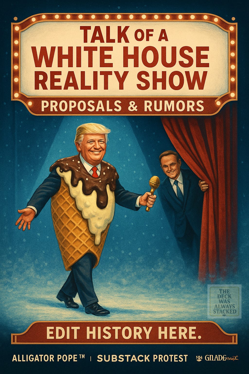 A surreal Ice Capadesâstyle poster imagines the TrumpâBurnett reality show handshake as the beginning of a dystopian American entertainment presidency. A surreal Ice Capadesâstyle poster imagines the TrumpâBurnett reality show handshake as the beginning of a dystopian American entertainment presidency.