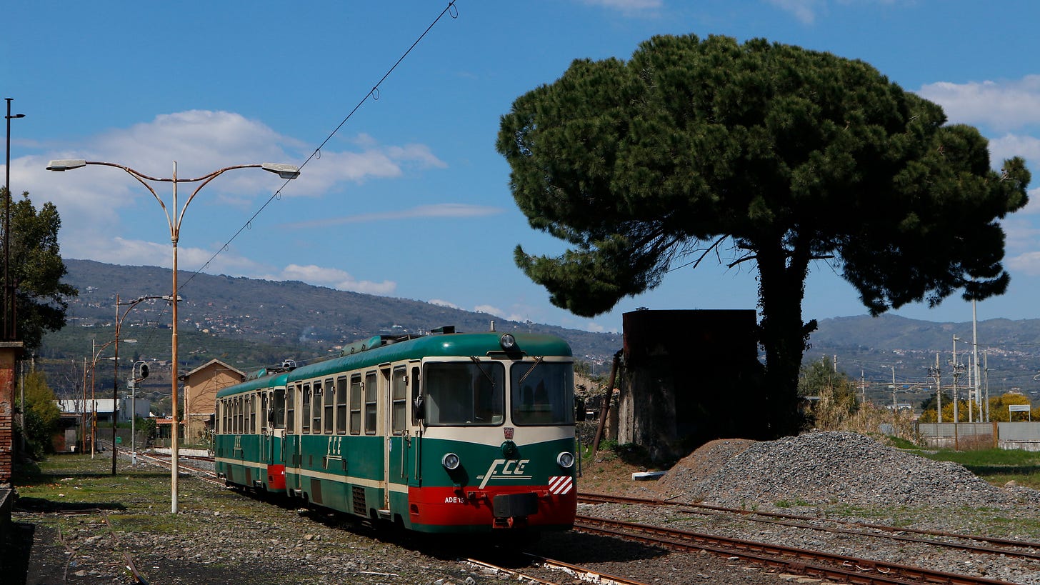 The ADe 14 and 13 leaving Giarre to Randazzo.