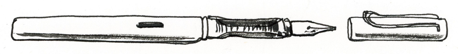 Black-and-white ink illustration of a fountain pen by graphic novelist K. Woodman-Maynard. 