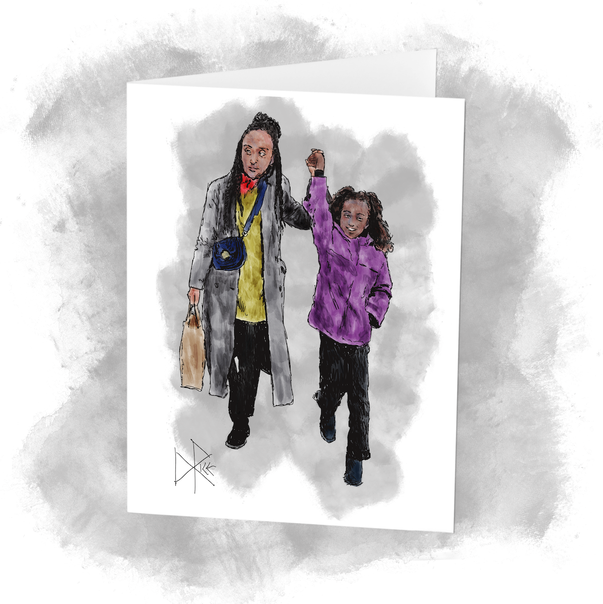 Mother and daughter walk hand-in-hand while shopping. Sketch art by Don Rice.