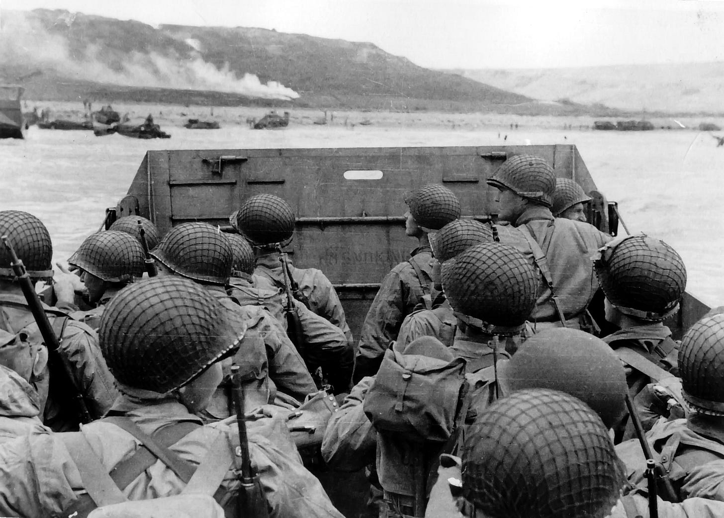 U.S. forces approach "Omaha" Beach on June 6, 1944.