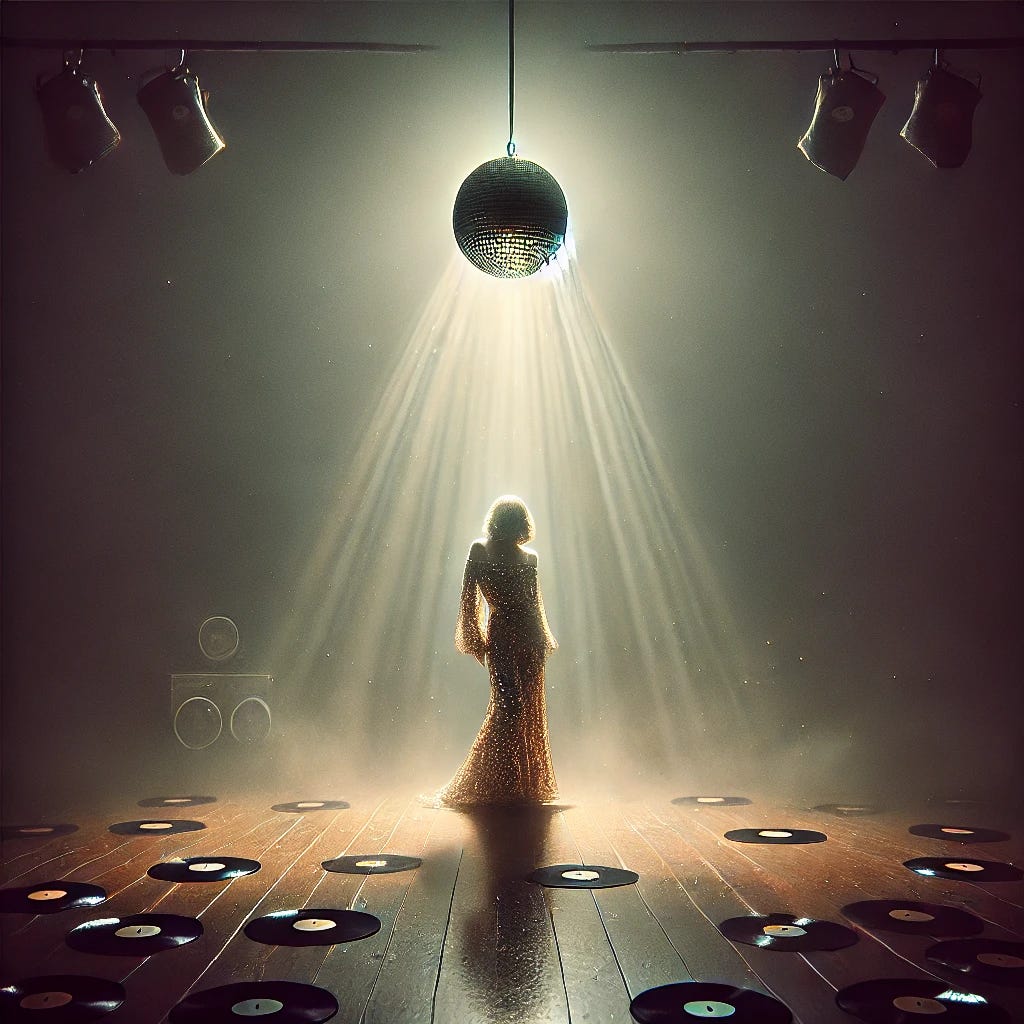 A melancholic and artistic representation of a disco dancer under a dim spotlight on an empty dancefloor. The dancer is dressed in a shimmering outfit with reflective sequins, symbolizing the fading glory of the disco era. Surrounding them are scattered vinyl records and a faint haze of smoke, evoking a sense of nostalgia. The scene has a soft, moody atmosphere, with subdued colors and a faint glimmer of light from a disco ball hanging above, barely illuminating the dancer. The overall style is emotive, with a touch of surrealism, capturing the end of an era.