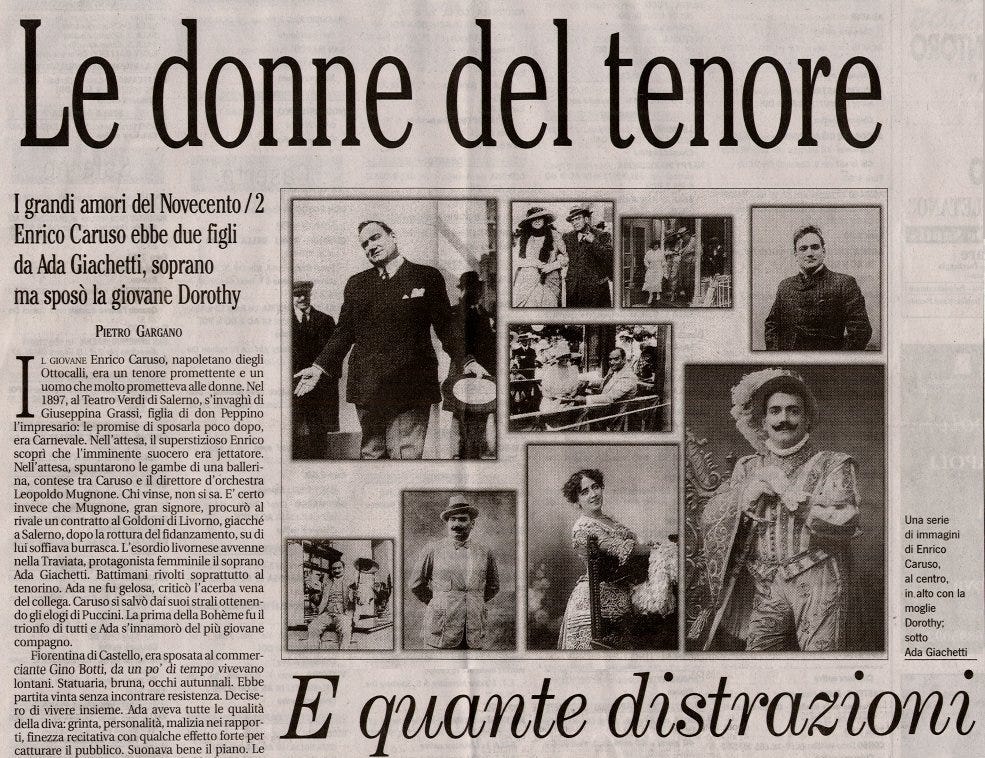 “The Tenor's Women — and How Many Distractions”: a feature on Caruso’s love life in the Italian newspaper Corriere della Sera