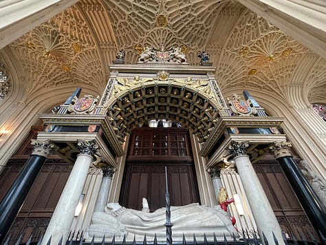 Photos of Harvington Hall, the Lord Leycester Hospital, Kenilworth Castle, Tutbury Castle, Mary's tomb at Westminster Abbey, Hever Castle, Peterborough Cathedral