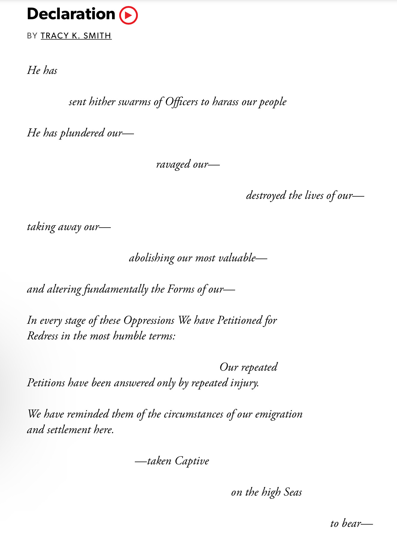 A screenshot of the poem "Declaration" by Tracy K. Smith