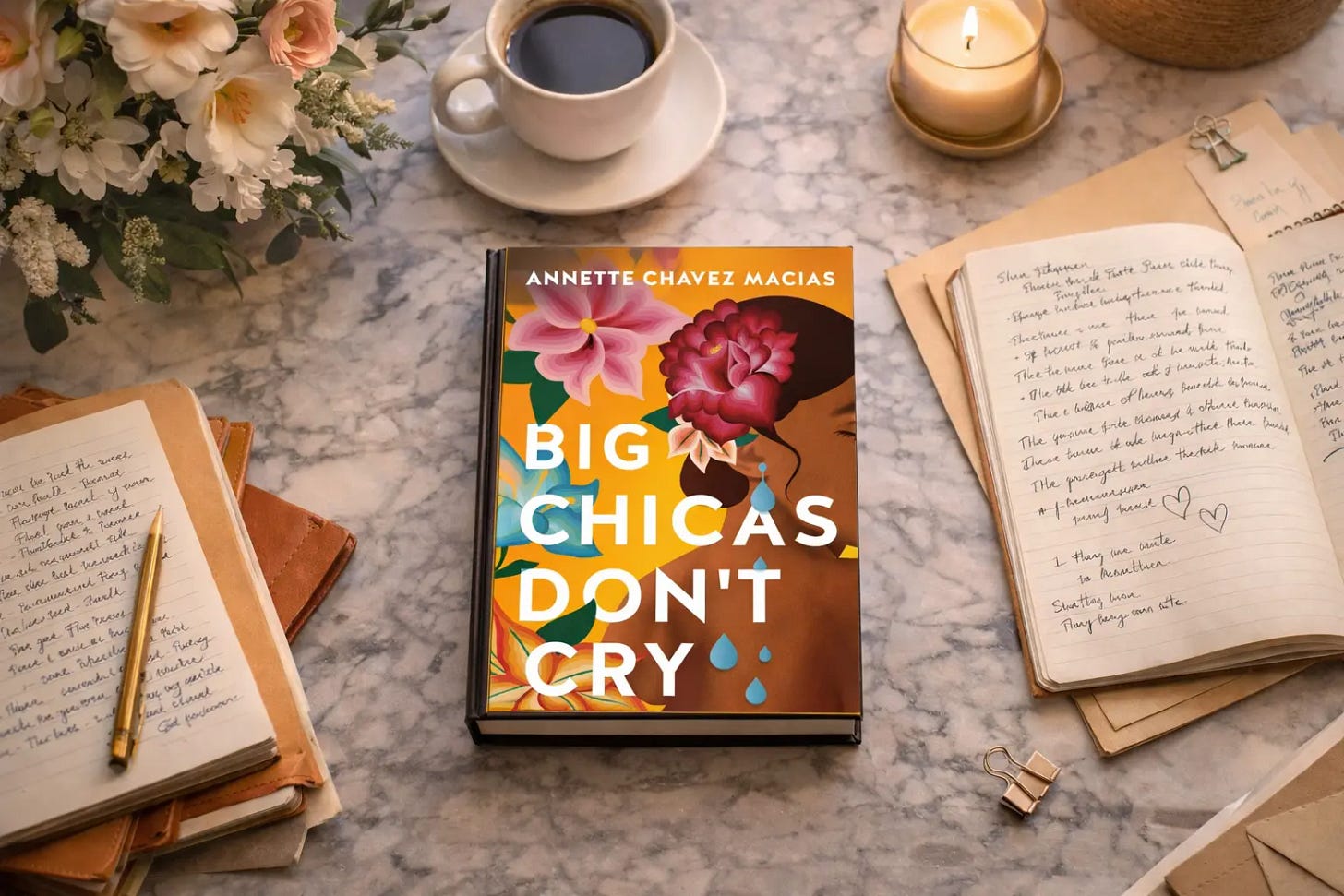 Book cover of Big Chicas Don’t Cry by Annette Chavez Macias placed on a marble table with open journals, coffee cup, candle, flowers, envelopes, and writing supplies.