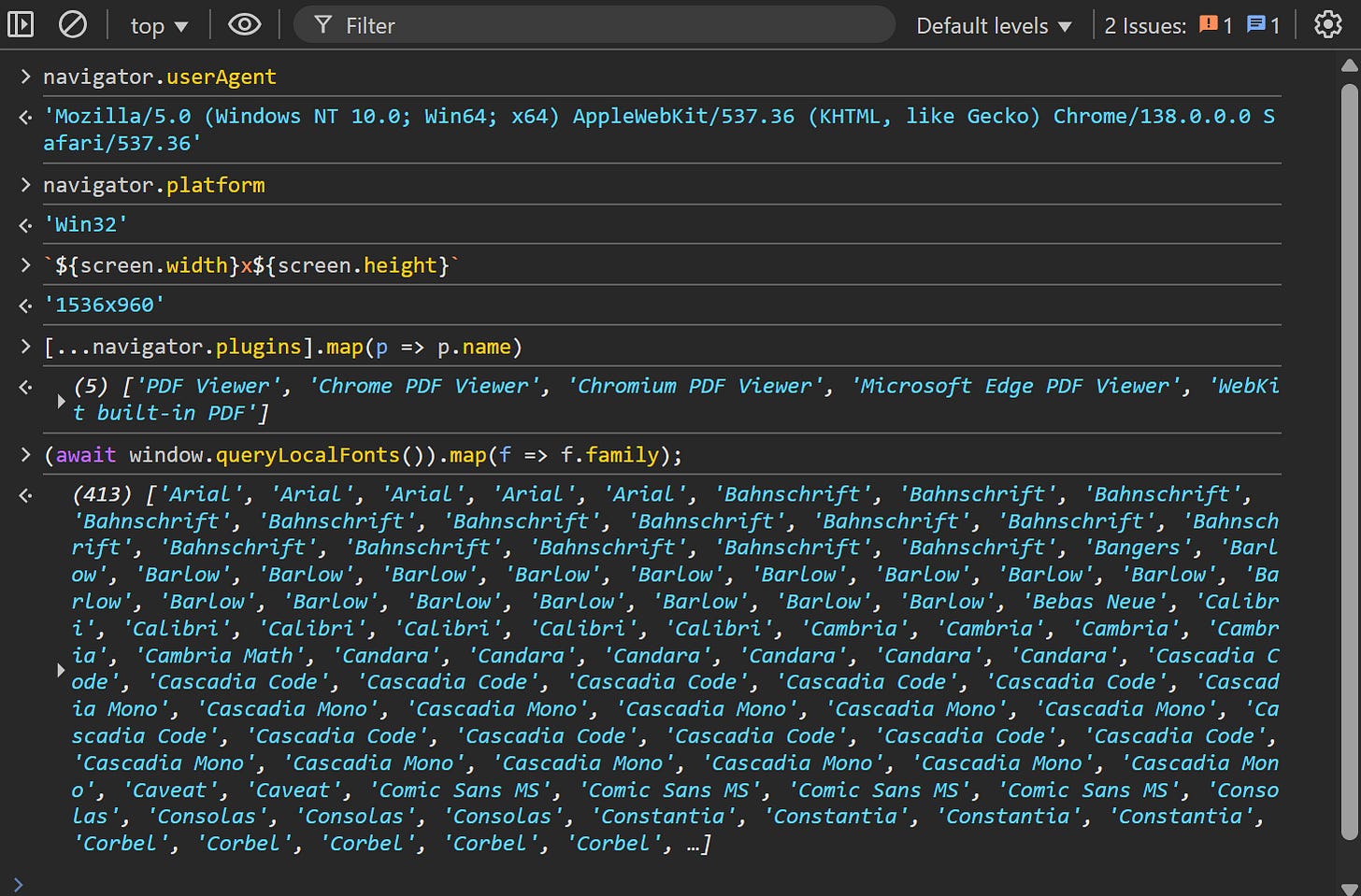 Accessing browser fingerprinting data in the console via JavaScript