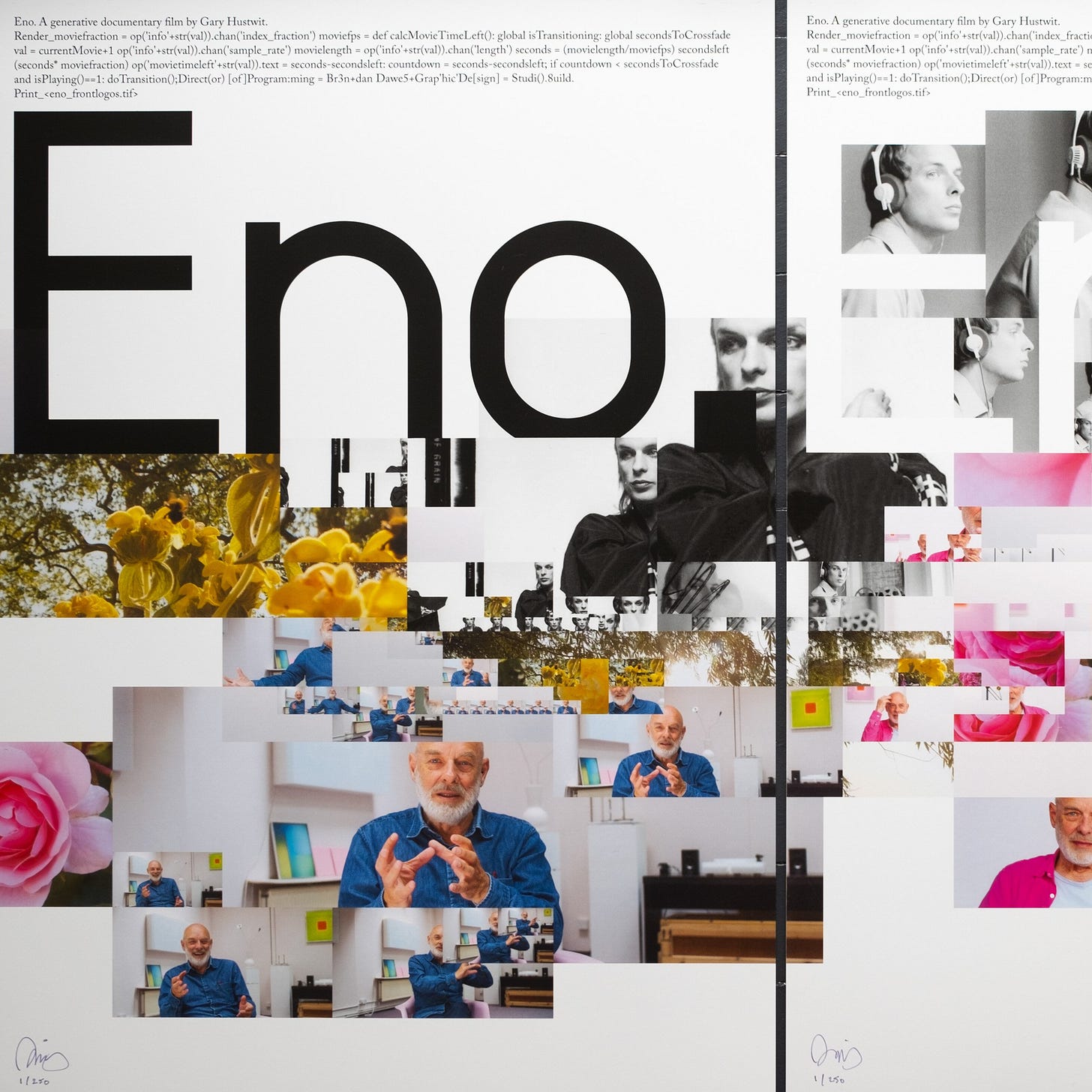 A poster design for a documentary titled "Eno." The word "Eno" is prominently displayed in large black text across the top. Below it, a collage of fragmented and layered images includes black-and-white and color photographs. These feature a mix of artistic shots, such as yellow flowers, a pink rose, abstract patterns, and a man with a beard in a blue shirt gesturing with his hands. There are also monochrome portraits and abstract digital elements. The layout has a creative and experimental aesthetic, blending text and visuals.