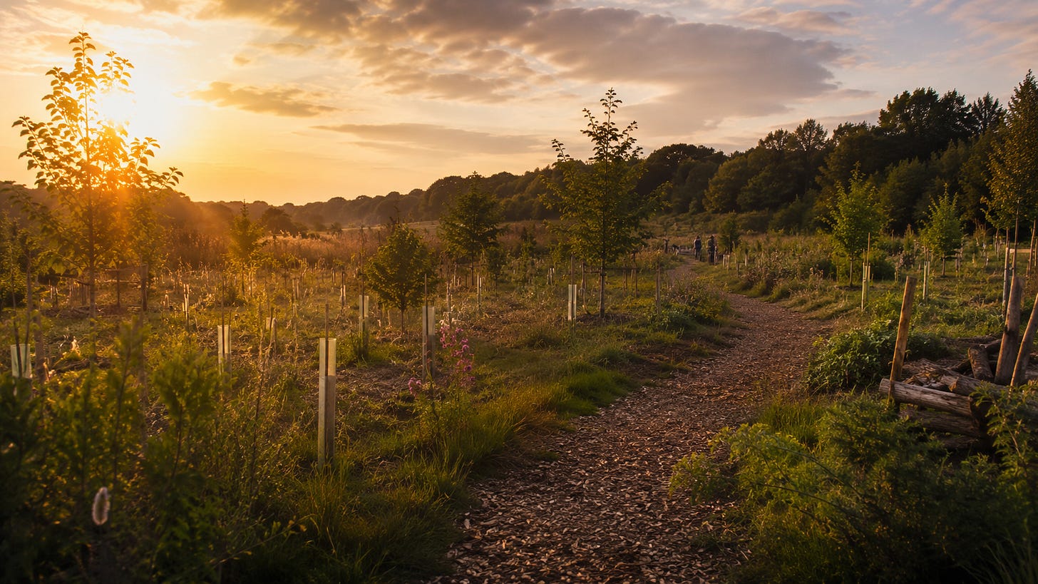 A green landscape at golden hour showing signs of restoration and continued care. A green landscape at golden hour showing signs of restoration and continued care.