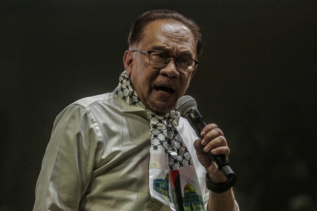 Malaysian Prime Minister Anwar Ibrahim delivers a speech to the crowd during a ‘Malaysia Stands with Palestine’ rally in Kuala Lumpur last year. Photo: EPA-EFE Malaysian Prime Minister Anwar Ibrahim delivers a speech to the crowd during a ‘Malaysia Stands with Palestine’ rally in Kuala Lumpur last year. Photo: EPA-EFE
