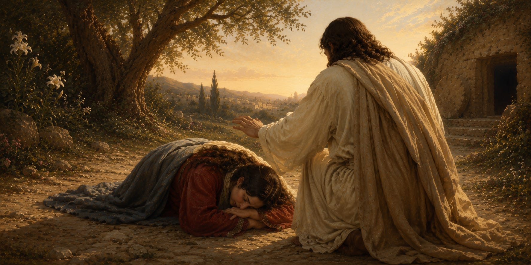 Jesus kneels beside Mary Magdalene lying on the ground, praying over her in a peaceful garden at sunrise. Jesus kneels beside Mary Magdalene lying on the ground, praying over her in a peaceful garden at sunrise.