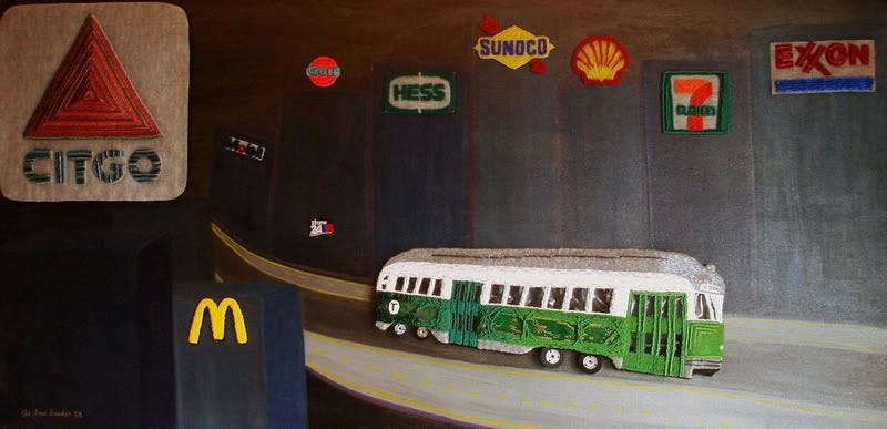 Beaded Boston trolley train MBTA T citgo sign pop art artist lone beader kenmore square city gas district Beaded Boston trolley train MBTA T citgo sign pop art artist lone beader kenmore square city gas district