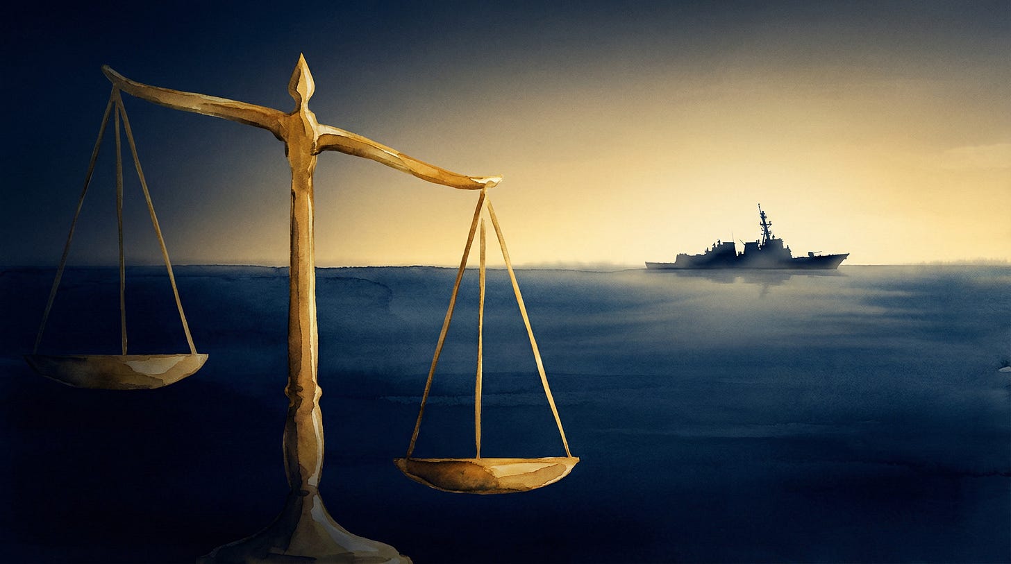 AI-generated illustration of the scales of justice tipping towards the side of a U.S. Destroyer sailing on open waters, symbolizing U.S. Naval supremacy..