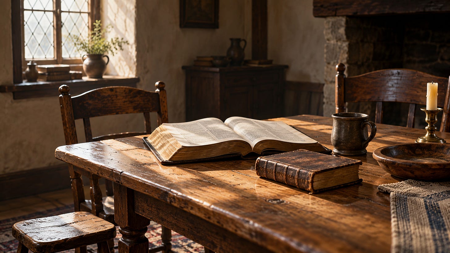 An open Bible and a leather-bound catechism rest on a wooden table in a Reformation-era home, illustrating the Protestant Reformation's emphasis on Scripture, Christian doctrine, and family discipleship. An open Bible and a leather-bound catechism rest on a wooden table in a Reformation-era home, illustrating the Protestant Reformation's emphasis on Scripture, Christian doctrine, and family discipleship.