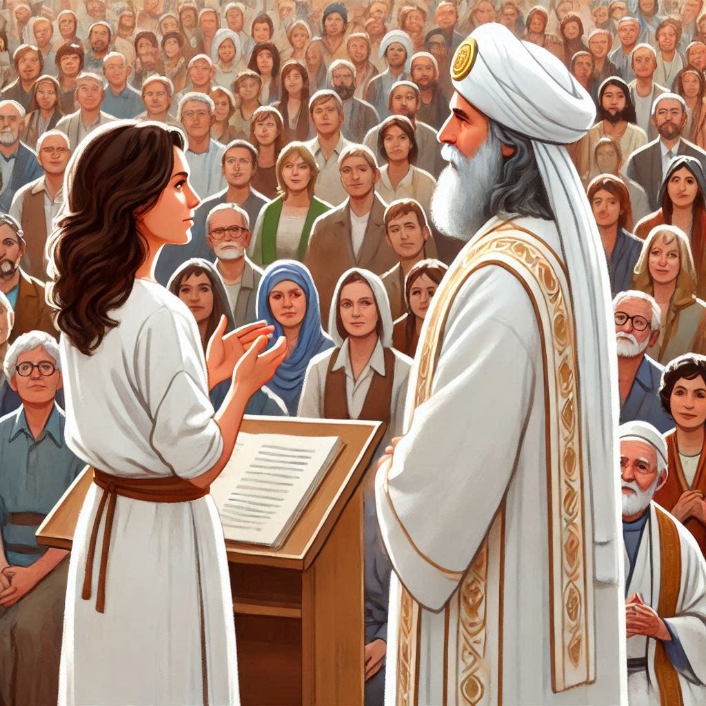 A woman vested in a simple white tunic interprets for a man dressed in a white robe and white turban with a gold plaque. The woman is facing a gathered multigenerational assembly of people from all walks of life. The man is standing on a platform with a scroll.