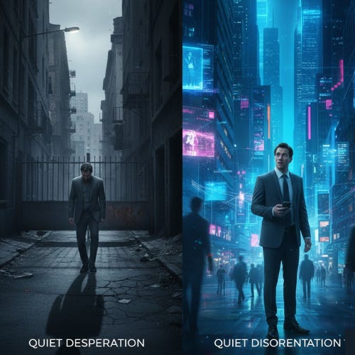 A split-screen illustration showing a person laboring to stack heavy stones in a dark storm (Quiet Desperation) transitioning into a person standing atop a finished, hollow stone tower looking lost in a vast fog (Quiet Disorientation). A split-screen illustration showing a person laboring to stack heavy stones in a dark storm (Quiet Desperation) transitioning into a person standing atop a finished, hollow stone tower looking lost in a vast fog (Quiet Disorientation).