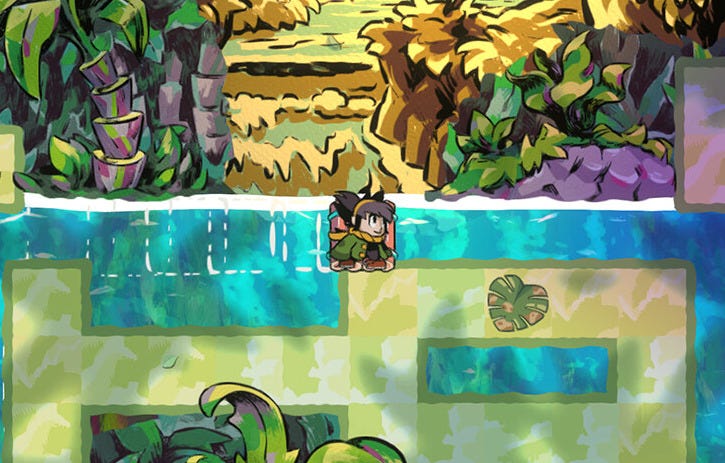 A video game screenshot where a cartoon girl floats across a body of water on a raft