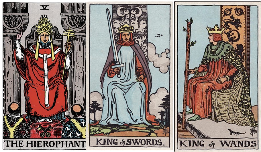 The Hierophant, King of Swords and King of Wands from the Rider Waite Smith tarot The Hierophant, King of Swords and King of Wands from the Rider Waite Smith tarot