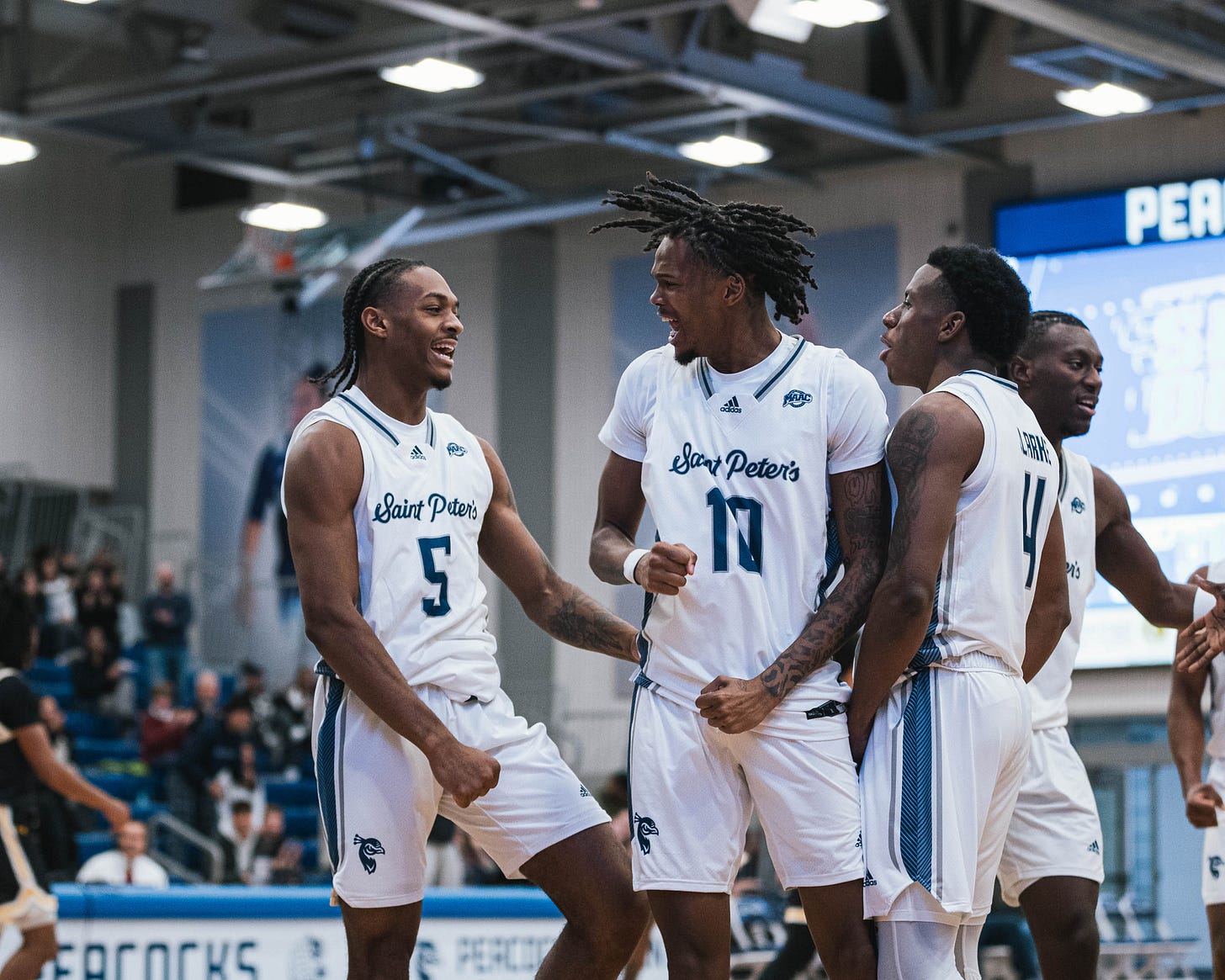 Saint Peter’s players celebrate during a 66-60 win over UMBC on Dec. 12, 2023. (Photo via Saint Peter’s Athletics on Twitter/X) Saint Peter’s players celebrate during a 66-60 win over UMBC on Dec. 12, 2023. (Photo via Saint Peter’s Athletics on Twitter/X)