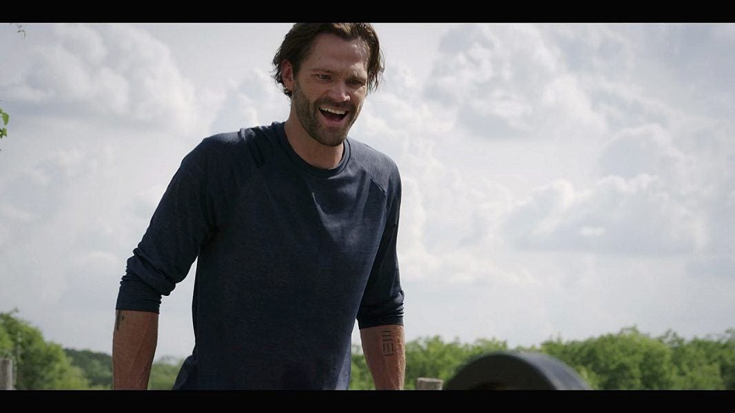 Jared Padalecki looking very manic on Walker set. Jared Padalecki looking very manic on Walker set.