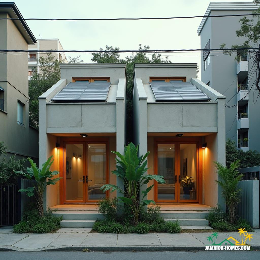 Twin Modular Urban Home Design: Two 20-ft concrete modules side by side with shared narrow porch. Materials: Concrete, steel, glass, timber accents. Features: Solar panels, ventilated roof, cross-ventilation, narrow garden strip at front. Environment: Dense city lot, neighboring buildings close by, small tropical plants in front. Style Notes: Modern, practical, functional for small urban family or rental.