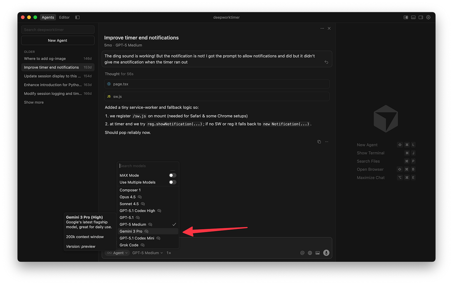Cursor's model selector with an arrow pointing to Gemini 3 Pro