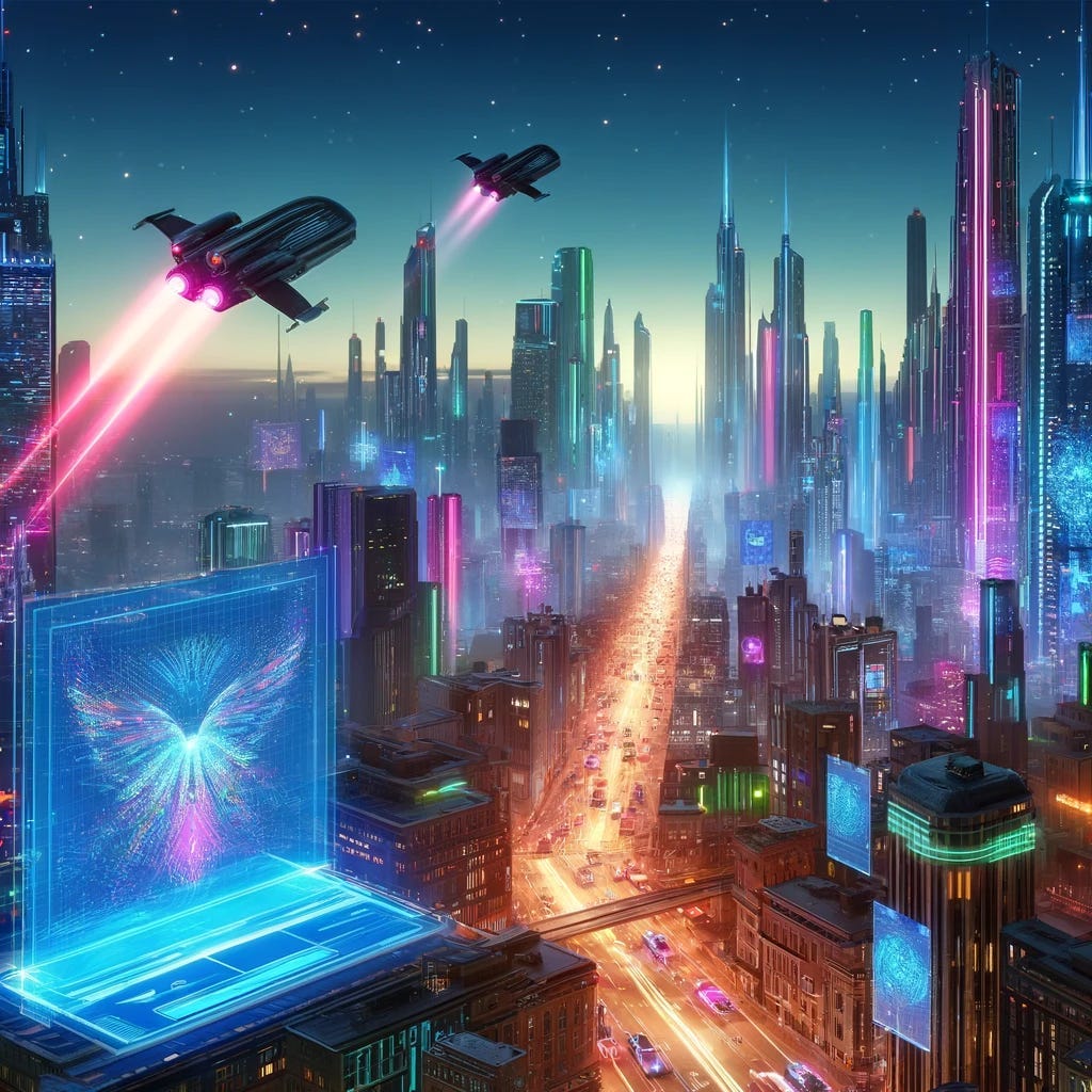 A bustling digital cityscape at night, illuminated by neon lights with futuristic buildings and flying cars. Skyscrapers adorned with digital billboards showcasing AI-generated art contribute to the lively, visually stunning scene depicting a seamless integration of technology and art.