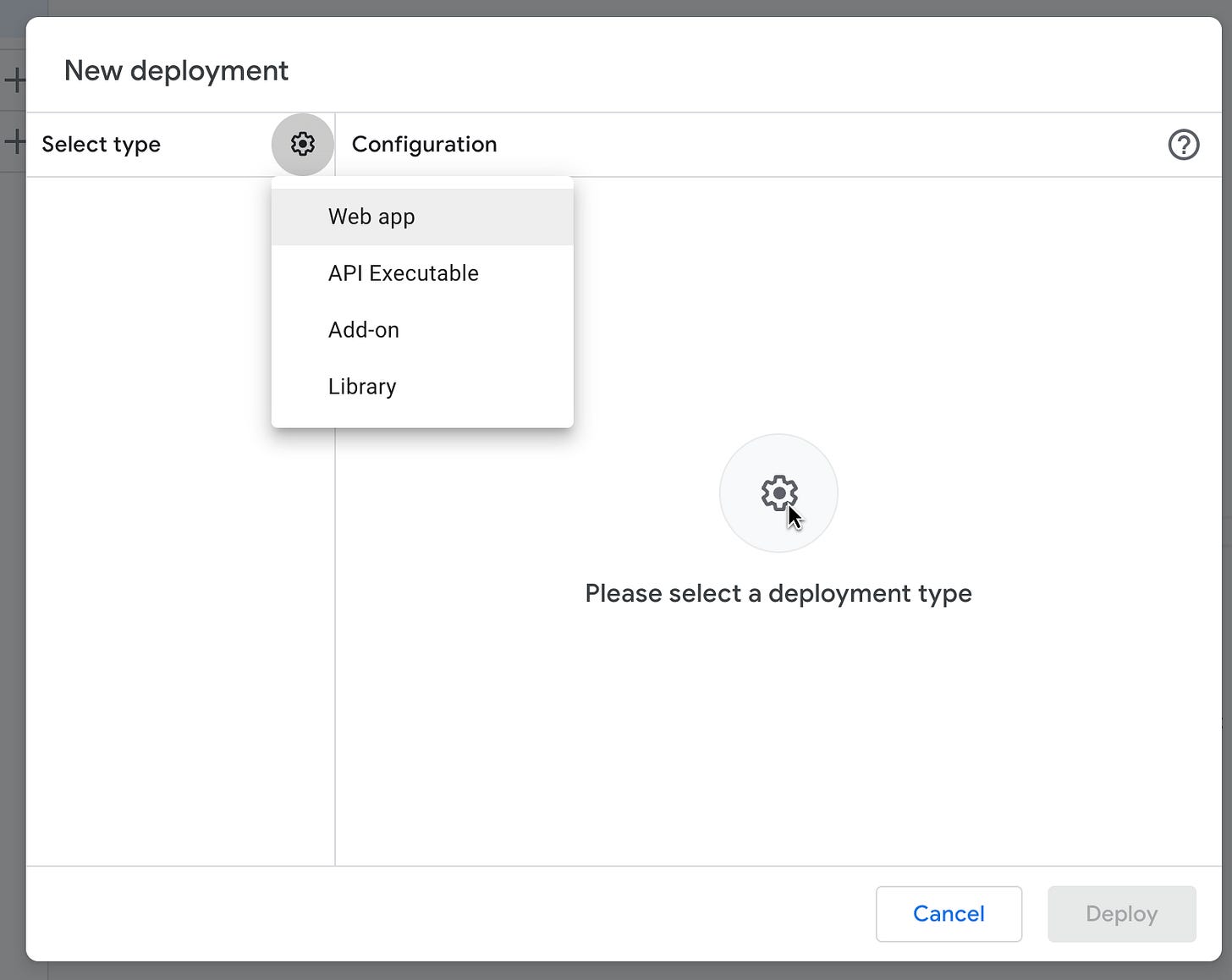 Google Apps Script “New deployment” window with the deployment type dropdown open, showing options for Web app, API Executable, Add-on, and Library.