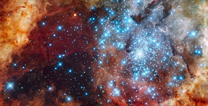 A cropped view of the star cluster R136 imaged by the Hubble Space Telescope A cropped view of the star cluster R136 imaged by the Hubble Space Telescope