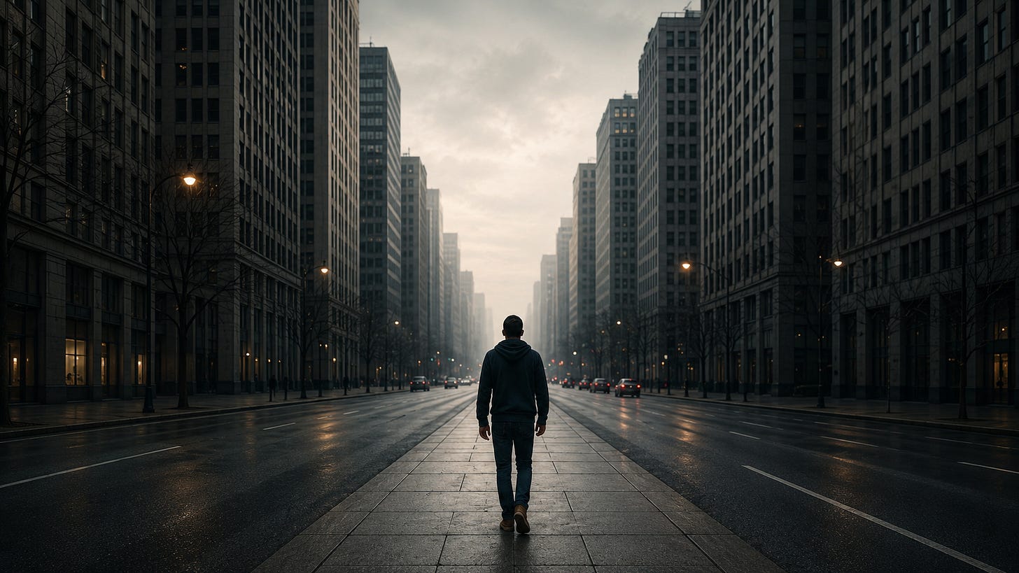 A solitary figure walking down a wide, rain-darkened city boulevard between tall buildings, with soft mist and distant lights creating a quiet atmosphere of urban loneliness.