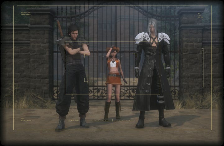 Comparison of different versions of the photograph of Zack, Tifa, and Sephiroth taken before embarking on their mission.