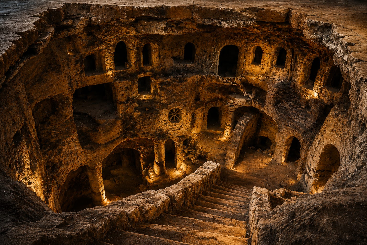 An enormous multi level underground chamber hidden beneath the surface for centuries, complete with rooms, staircases, ventilation shafts, and living spaces. The underground city could reportedly shelter more than 20,000 people along with food, water, and livestock in complete secrecy.