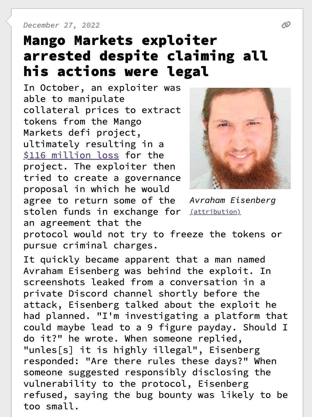 Molly White on X: "well that's quite the twist... the government just  alleged that, while searching Avi Eisenberg's devices for evidence  pertaining to his exploit of the Mango Markets crypto project, they
