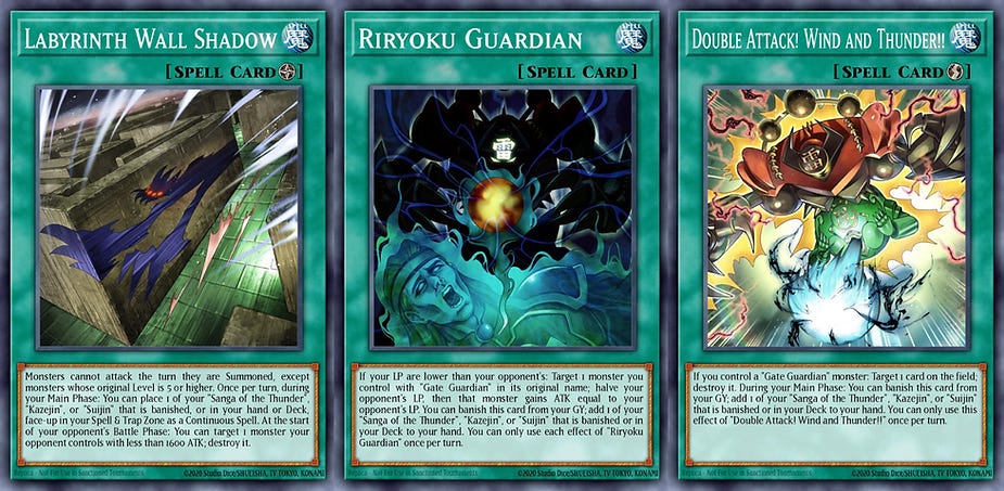 Three Yu-Gi-Oh! spell cards: "Labyrinth Wall Shadow," "Riryoku Guardian," and "Double Attack! Wind and Thunder!!" with vivid art.