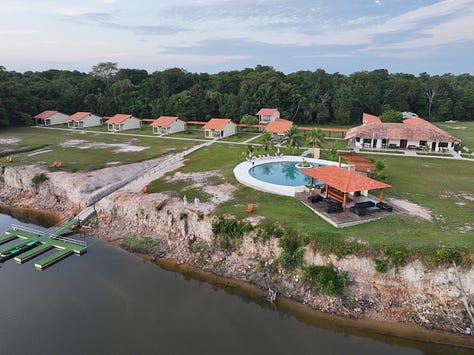 picture of a jaguar, caiman and bungalows, in the amazon jungle. on the Agua Boa river. Agua boa amazon lodge.