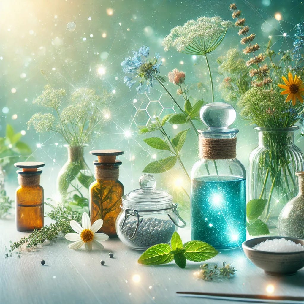 A visually appealing image representing homeopathy and alternative medicine. The image should feature natural elements such as herbs, flowers, and traditional medicine bottles. Include subtle references to energy, like glowing particles or light streaks, to signify the energetic aspect of homeopathic treatments. A serene and clean background, possibly with soft greens and blues, should enhance the natural and holistic theme. A visually appealing image representing homeopathy and alternative medicine. The image should feature natural elements such as herbs, flowers, and traditional medicine bottles. Include subtle references to energy, like glowing particles or light streaks, to signify the energetic aspect of homeopathic treatments. A serene and clean background, possibly with soft greens and blues, should enhance the natural and holistic theme.