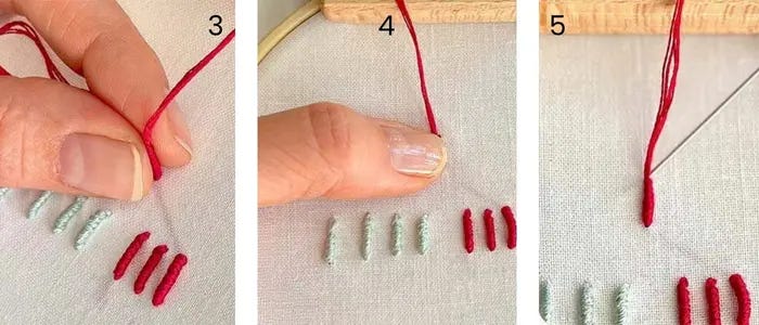 finishing the bullion stitch and stitching it to the fabric