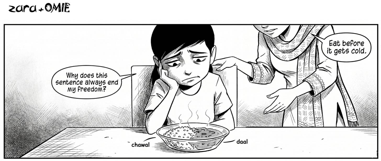 Zara reacting dramatically to another night of daal chawal at dinner.